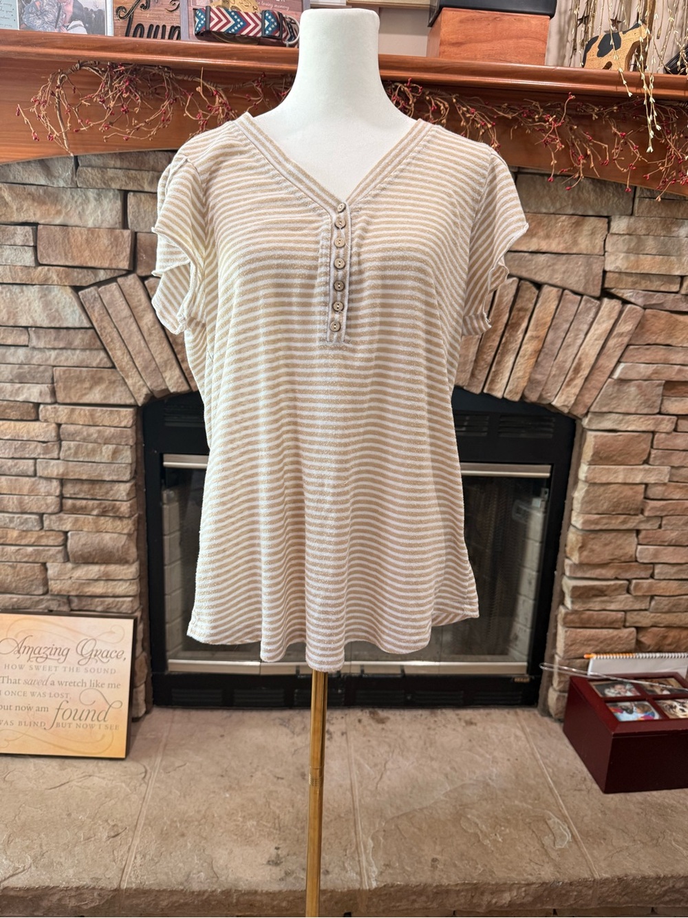 Striped Cream V-Neck Button-Front Short Sleeve Tee